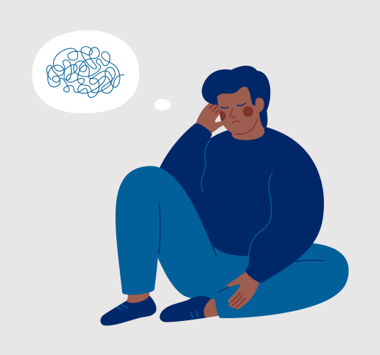 A black man with his eyes closed and a thought bubble with a mess of squiggly lines inside.