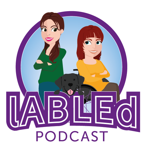 labled podcast logo. The text lABLEd podcast in front of an illustration of two women and a black dog. One woman is standing, one woman is sitting in a wheelchair