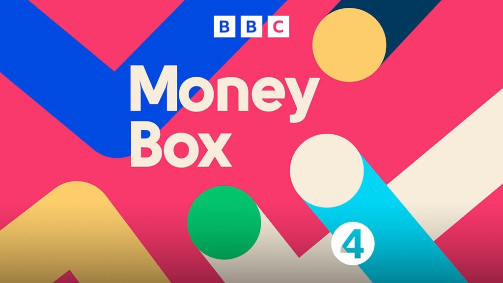 BBC radio 4 money box logo. The words 'BBC Money box 4' on a multi-coloured abstract background.