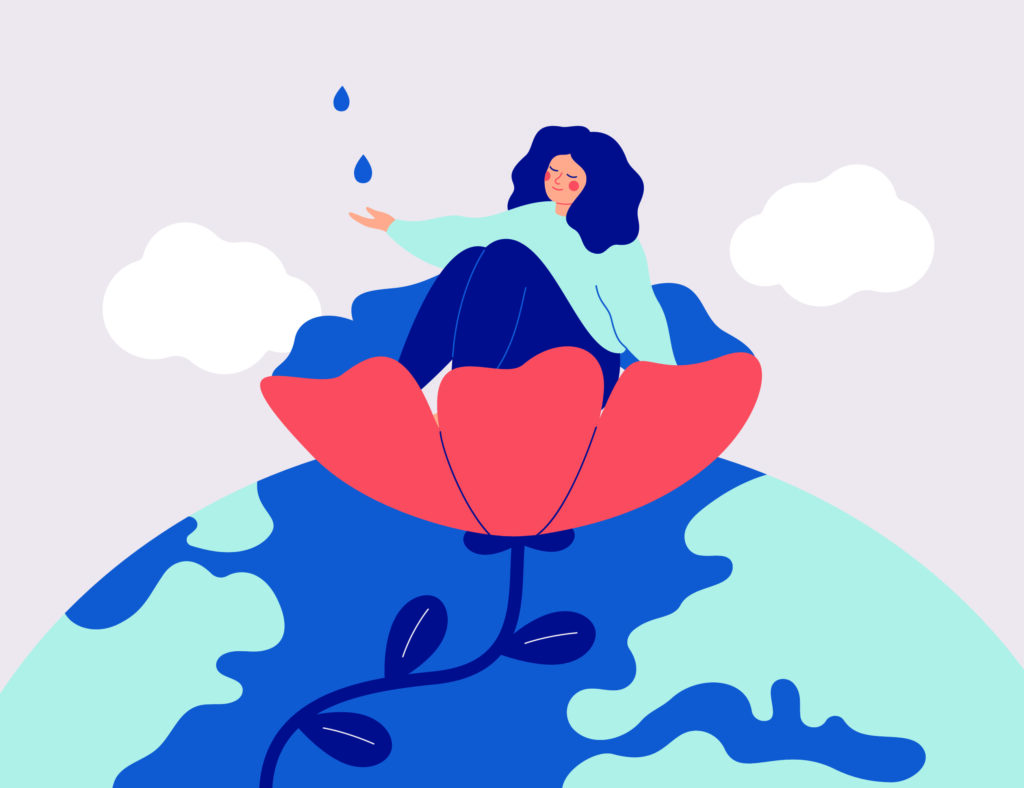 An illustration of a woman sitting in a flower on top of the world