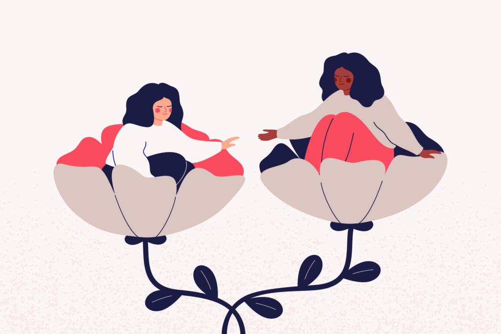 An illustration of two women, each sitting inside a giant flower and hands reaching towards eachother in an offer of support