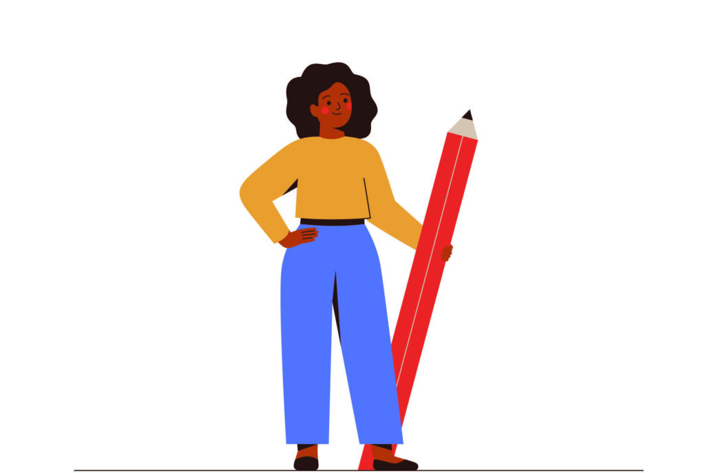 An illustration of a black woman holding a giant pencil