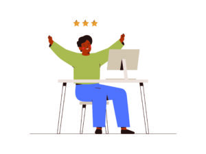 A person with their arms in the air and three stars above their head, sat at a desk with a computer on it