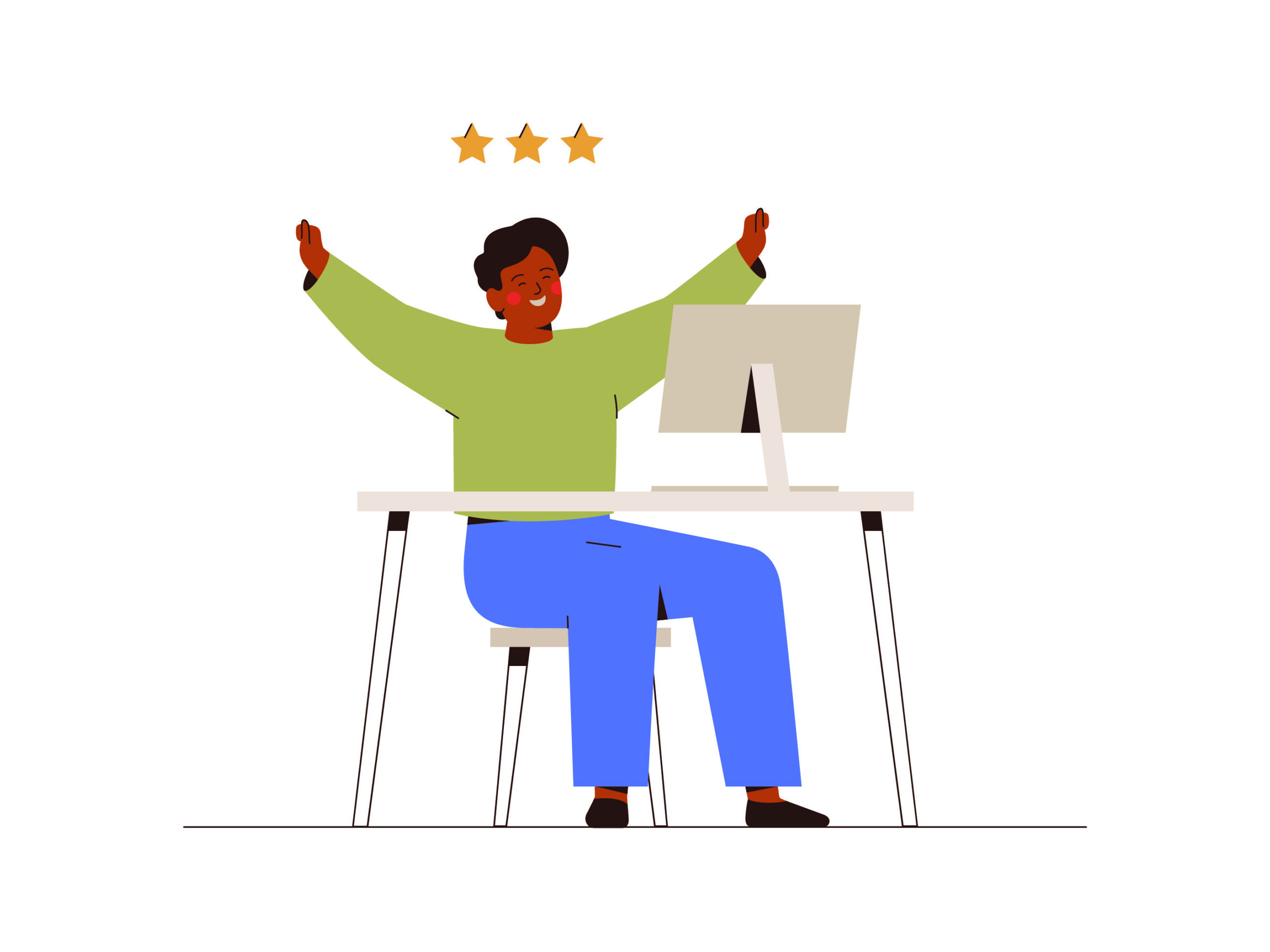 A person with their arms in the air and three stars above their head, sat at a desk with a computer on it