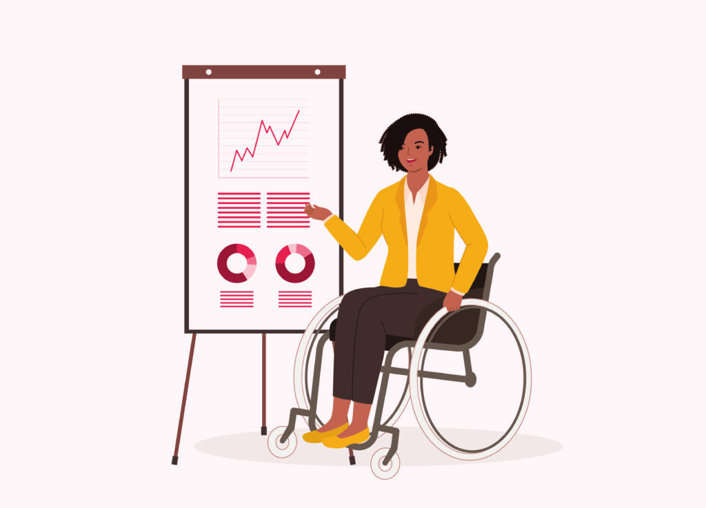 An illustration of a black woman presenting information on a clipboard. She is a wheelchair user