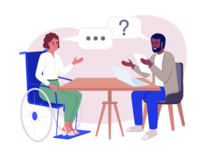 An illustration of two people having a discussion at a table.