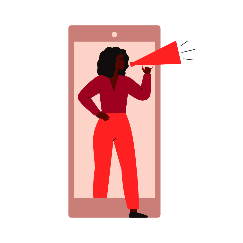 an illustration of a black woman stepping out of a phone screen with a speakerphone