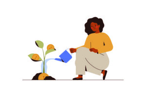 An illustration of a black woman watering a plant